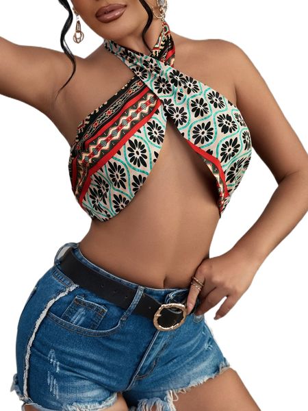 

floral & geo print cross wrap tie back halter 99bn#, White