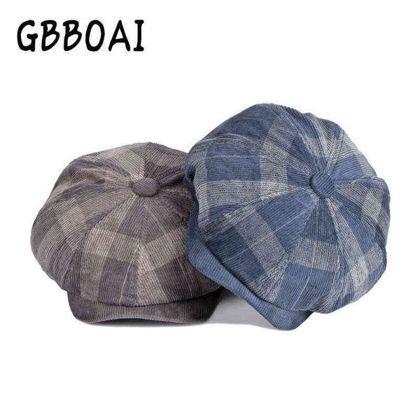 

peaky blinders plaid berets caps for men women vintage classic englad style casual hats corduroy octagonal hat painter cap j220722, Blue;gray