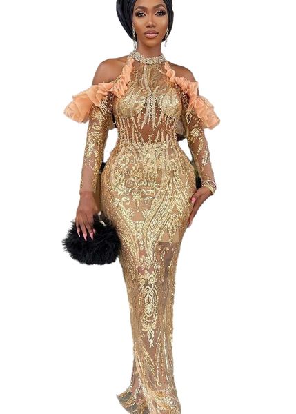 Aso Ebi 2022 Arabo Plus Size Guaina d'oro Abiti da ballo scintillanti Perline Collo alto Sera Festa formale Secondo ricevimento Compleanno Abiti di fidanzamento Abito ZJ005