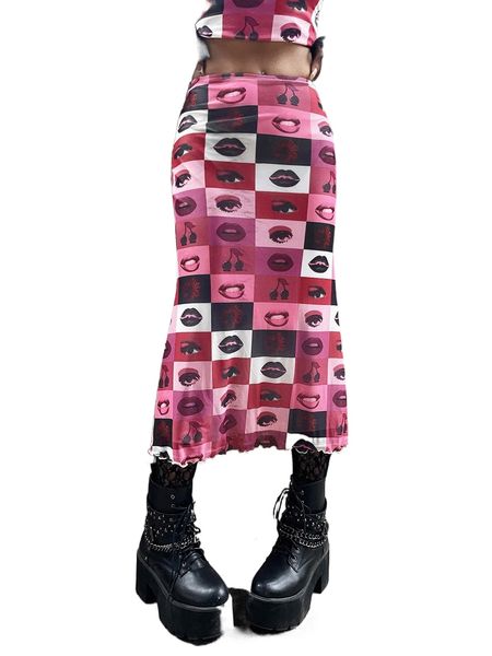 

cherry & figure graphic lettuce trim skirt r6qd#, Black