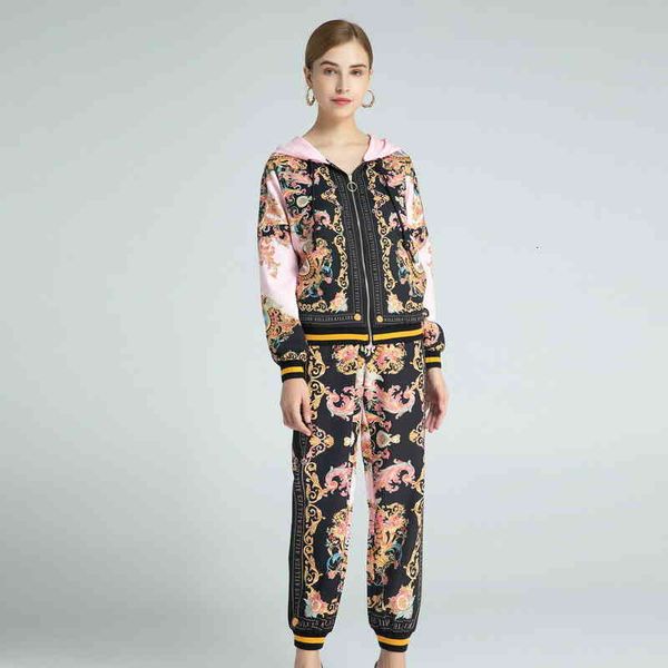 

women's two piece pants pink age reduction two piece set spring 2022 hooded threaded jacket pants printed fashion suit women's 911, White