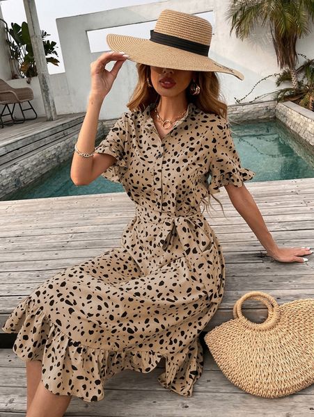 

allover print ruffle hem belted shirt dress p7cg#, Black;gray