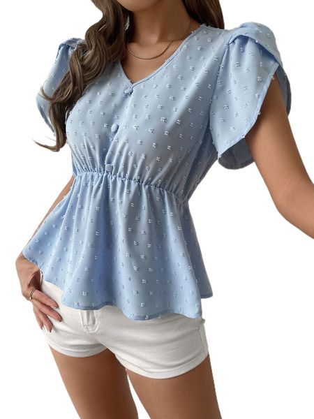 

swiss dot petal sleeve peplum blouse q5vc#, White