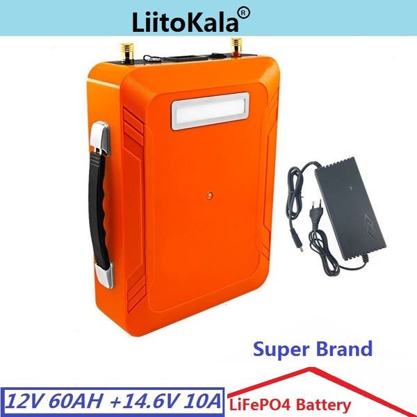 LiitoKala Batteria 12V 12,8V 60Ah lifepo4 LED 5v USB per luci solari RV Campeggio esterna Alimentazione di backup solare con 14,6V 10A