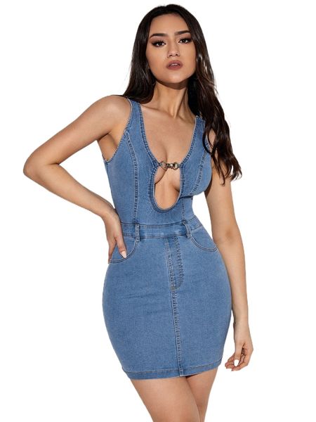 

metal detail plunging neck bodycon denim dress y2yl#, Black;gray