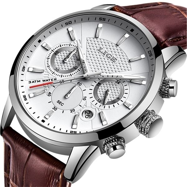 

mens watches lige brand leather chronograph waterproof sport automatic date quartz watch for men relogio masculino 220705, Slivery;brown