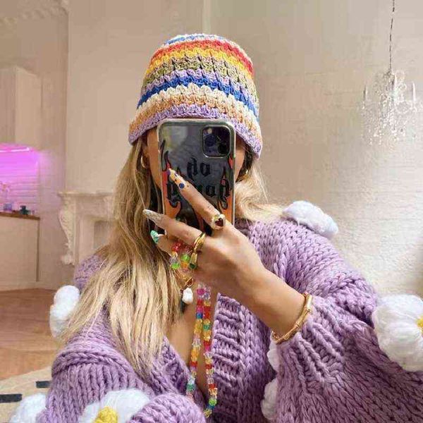 

retro sweet rainbow color knitting crochet handmade hair bands ponytail holder fisherman hat for women jewelry 2022 accessories y220702, Blue;gray