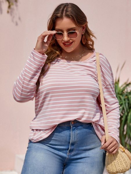 

plus striped drop shoulder split hem tee z0l4#, Black