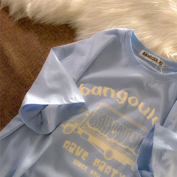 

soft milk blue short-sleeved women's t-shirt female loose japanese style hiphop national fashion couple half sleeve oversize clothes s, White