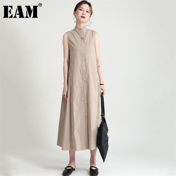 

women khaki pleated long shirt dress stand collar sleeveless loose fit fashion spring summer 1dd8681 210512, Black;gray