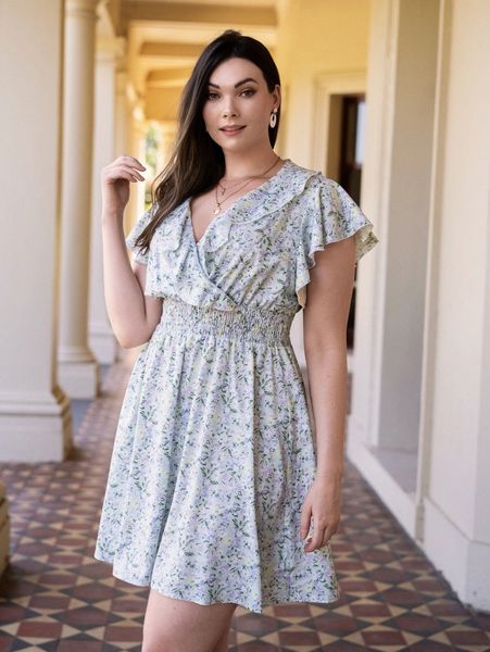 

plus ditsy floral print shirred waist dress y9em#, Black