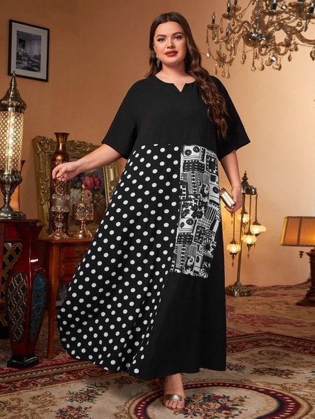 

plus polka dot notch neck tunic dress h4r6#, Black