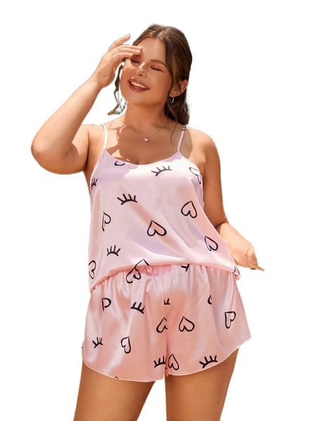 

plus heart & eyelash print satin cami pj set c52p#, Black;white