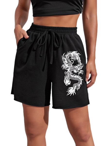 

chinese dragon print slant pocket track shorts 94y2#, White;black