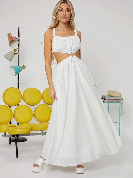 

o-ring cutout ruched bust backless cami dress v65l#, Black;gray