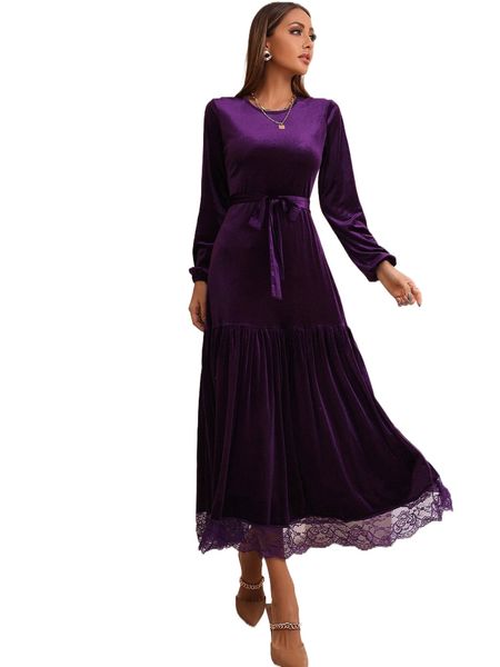 

contrast lace self tie velvet dress 96hi#, Black;gray