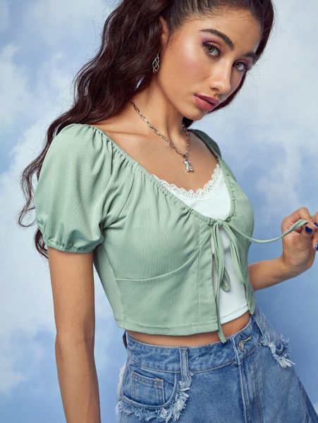 

romwe 2 in 1 tie front tee x96r#, White