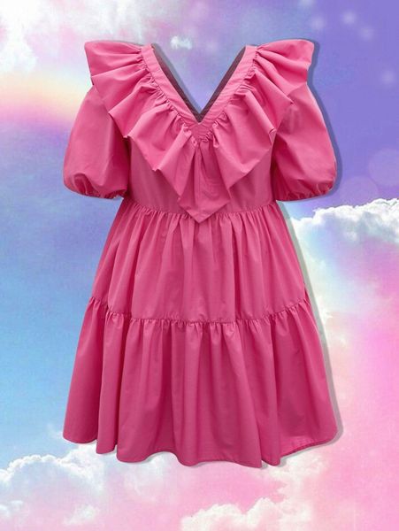 

plus ruffle trim puff sleeve dress v1rc#, Black