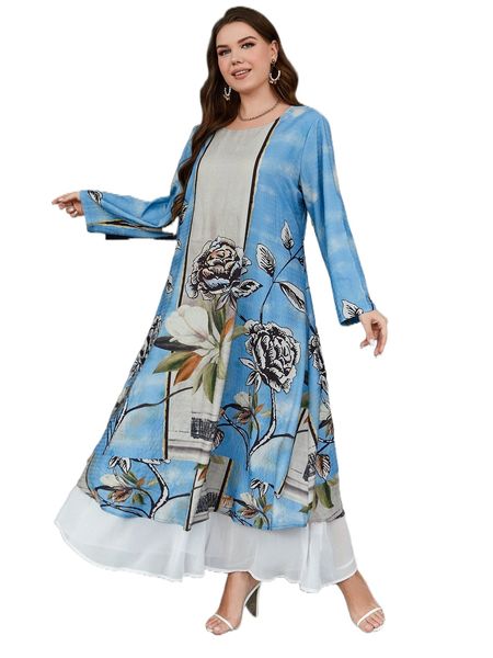 

plus floral print tunic dress 74yw#, Black