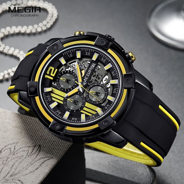 

megir men's black silicone strap quartz watches chronograph sports wristwatch for man 3atm waterproof luminous hands 2097 yellow, Slivery;brown