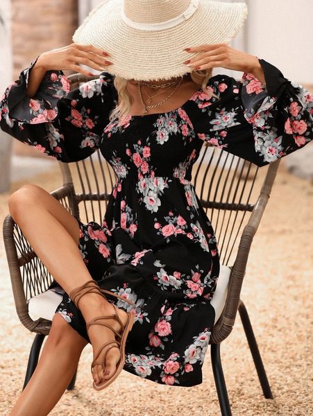 

floral print shirred flounce sleeve ruffle hem dress h3db#, Black;gray