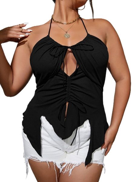 

plus drawstring cut out asymmetrical hem halter l940#, Black
