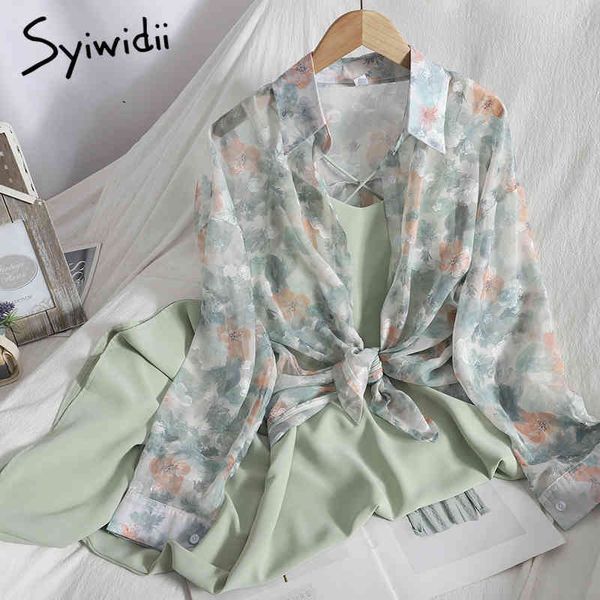 

2 piece blouse and camis for women floral print long sleeve turndown collar shirt aline green dress summer 210415, White