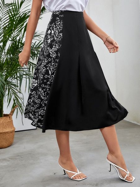 

floral print plicated detail skirt g77s#, Black