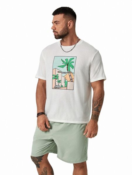 

extended sizes men palm tree print tee & shorts e954#, Gray