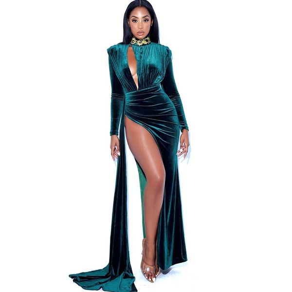 

beaded fringe trim ruffle slit thigh velvet prom dress d74t#, Black;gray