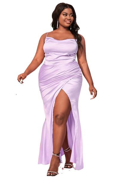 

plus cowl neck wrap hem satin dress 569k#, Black