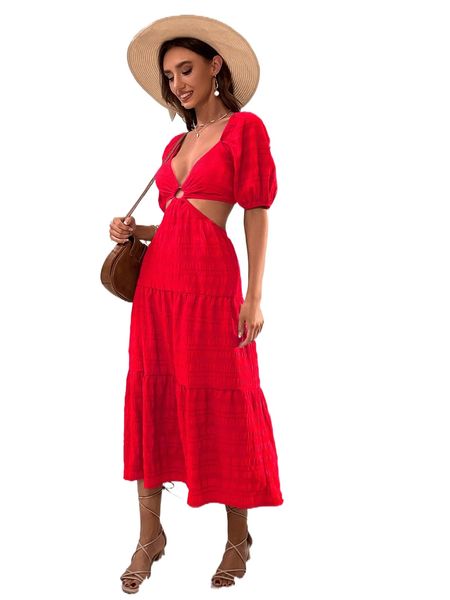 

deep v neck ring cut out ruffle hem dress 71gc#, Black;gray