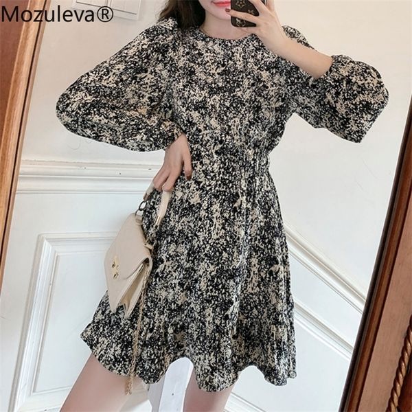

mozuleva elegant o-neck print dress women long sleeve sashes belted high waist long dress female a-line ladies vestidos 220317, Black;gray