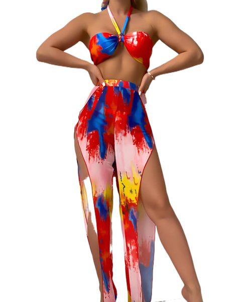 

allover print halter bikini swimsuit with cover up w6iw#, White;black