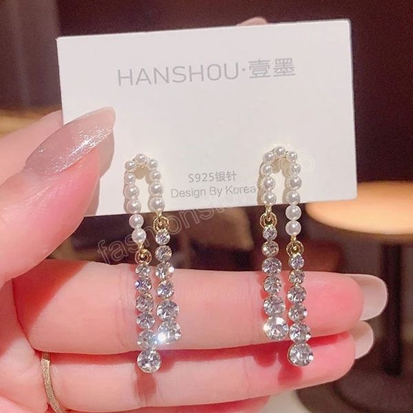 

long crystal pearl tassel diamond personalized luxury dangle earring for women korean fashion earrings birthday party jewelry gift, Silver
