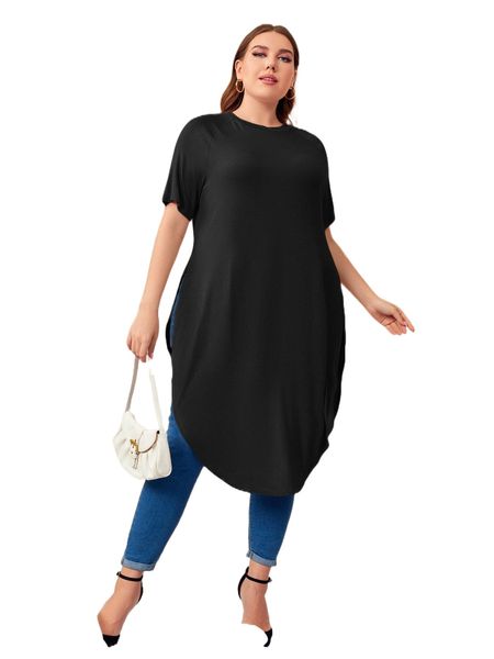

plus solid curved hem longline tee m9s1#, Black