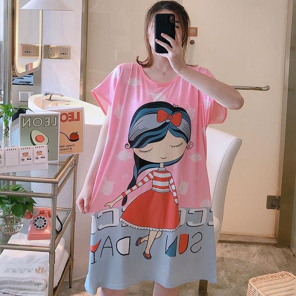 

plus size summer loose women sleepwears nightdress short sleeves cute cartoon nightgowns sweet casual sleepwear girls sleepdress nightie, Black;red