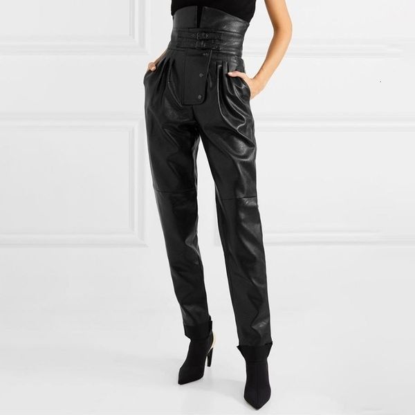 

women leather pants high waist autumn winter abdomen pencil harem pants trouser high street y200418, Black;white
