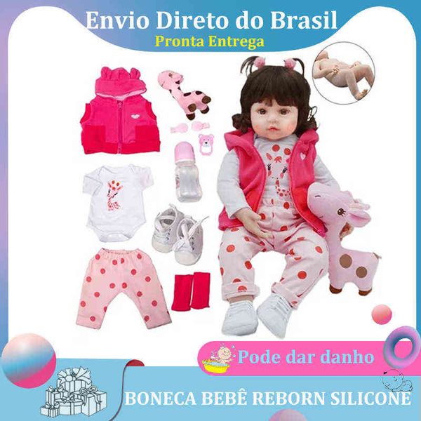 

reborn baby doll 48cm full silicone body can bath girl brown eyes giraffe in stock sent from brazil aa220325