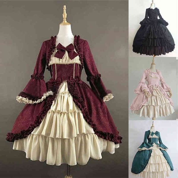 

vintage palace lolita dress women sweet princess square collar lace bowknot high waist long victorian gothic dress girl l220714, Black;red