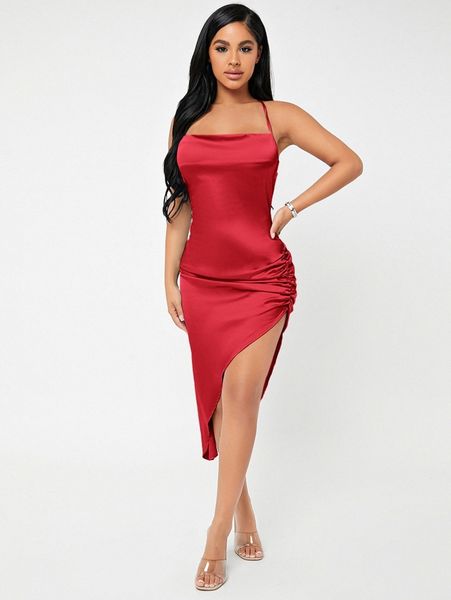 

criss-cross tie backless split thigh dress 67m1#, Black;gray