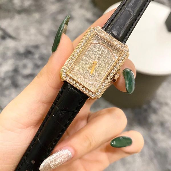 

popular casual brand quartz wrist watch for women girl crystal rectangle style leather strap watches cha42209g, Slivery;brown