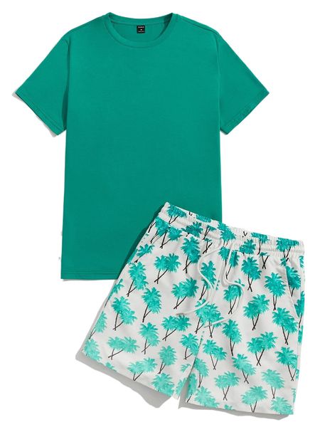 

men solid tee & palm tree print drawstring waist shorts z8xv#, Gray