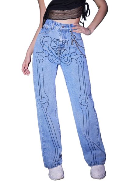 

romwe bone print slant pocket jeans 425i#, Blue