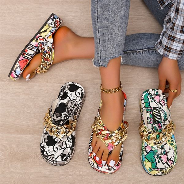 

women summer fashion cartoon chain flipflops sandal woman platform sandals casual flat slippers slides 220628, Black