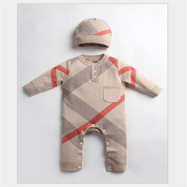 

fall winter baby knitting rompers with hats infant boys girls plaid long sleeve jumpsuits toddler newborn onesies kids romper 0-24210l, Blue