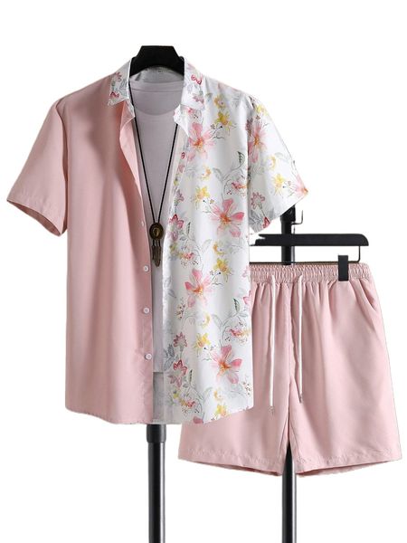 

men floral print shirt & drawstring waist shorts without tee 77zm#, Gray