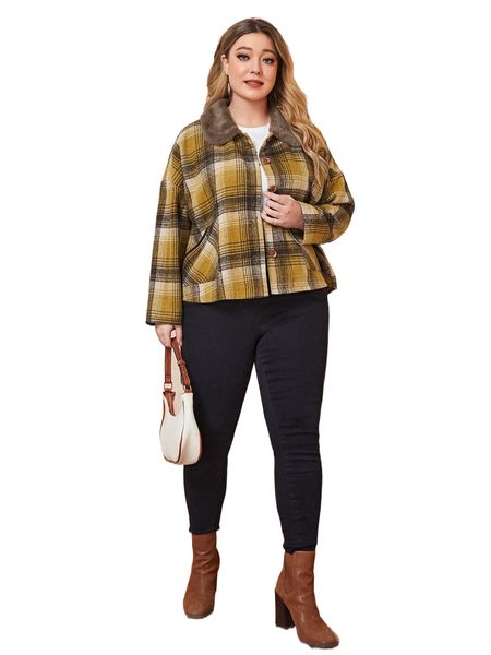 

plus borg collar plaid overcoat w83u#, Black