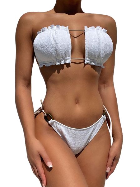 

o-ring detail frill trim knot side halter bikini swimsuit c22o#, White;black