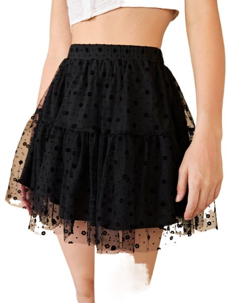 

floral & dobby mesh overlay skirt k8ah#, Black